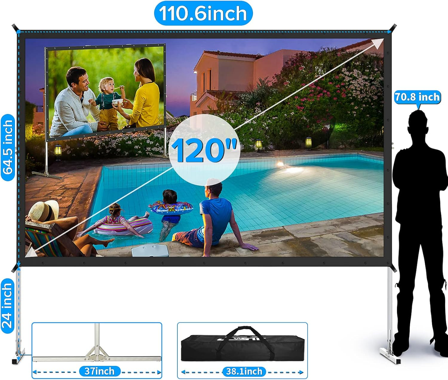 Projector Screen and Stand, 120 Inch Outdoor Movie Screen-Upgraded 3 Layers PVC 16:9 Outdoor Projector Screen,Video Projection Screen with Carrying Bag for Home Backyard(Rear Projection Screen)