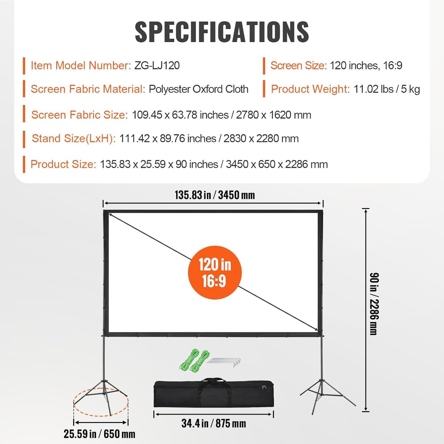 Projector Screen with Stand, 120 Inch 16:9 4K 1080 HD Outdoor Movie Screen With
