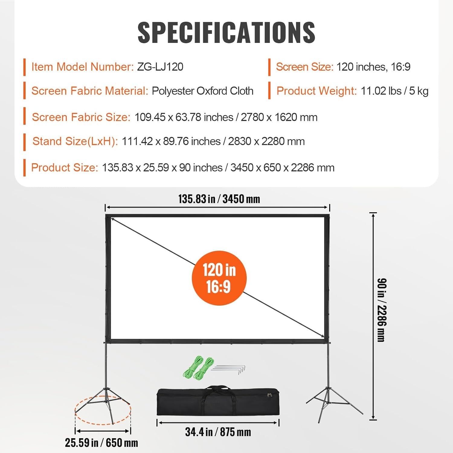 Projector Screen with Stand, 120 Inch 16:9 4K 1080 HD Outdoor Movie Screen With