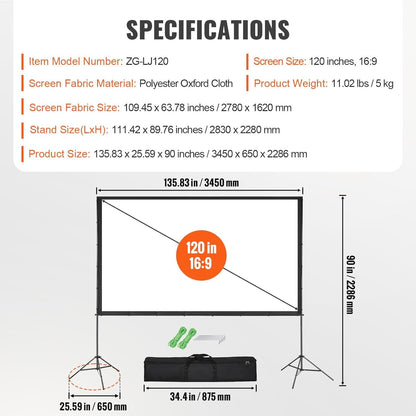 Projector Screen with Stand, 120 Inch 16:9 4K 1080 HD Outdoor Movie Screen With