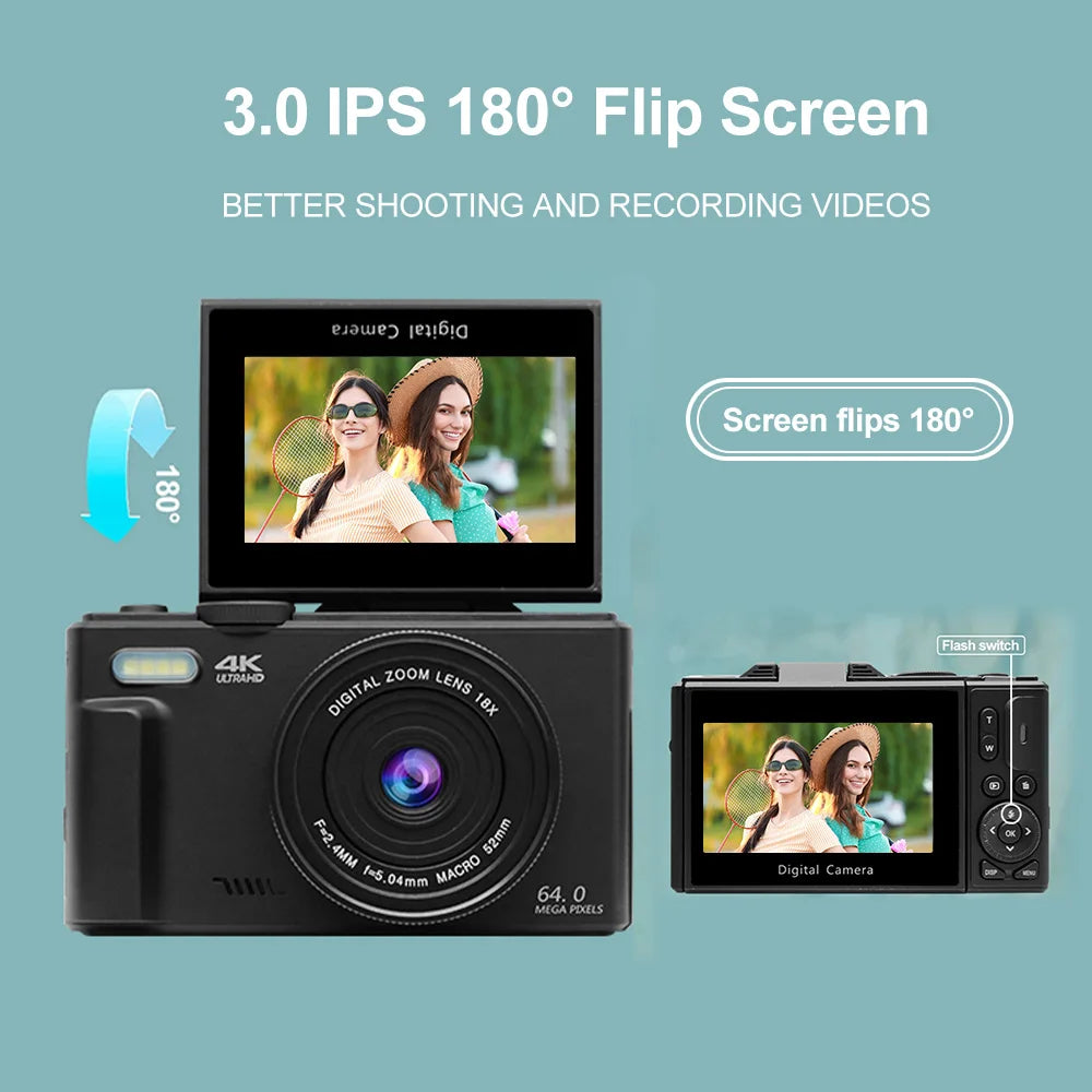 4K Digital Camera 64MP 3.0 Inch Rotatable Screen 18X Digital Zoom Wifi Vlog Camcorder Retro Video Recorder Youtub Webcam Cameras