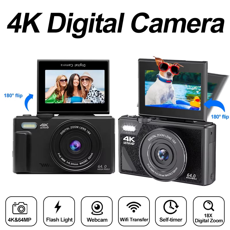 4K Digital Camera 64MP 3.0 Inch Rotatable Screen 18X Digital Zoom Wifi Vlog Camcorder Retro Video Recorder Youtub Webcam Cameras