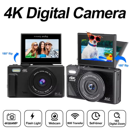 4K Digital Camera 64MP 3.0 Inch Rotatable Screen 18X Digital Zoom Wifi Vlog Camcorder Retro Video Recorder Youtub Webcam Cameras