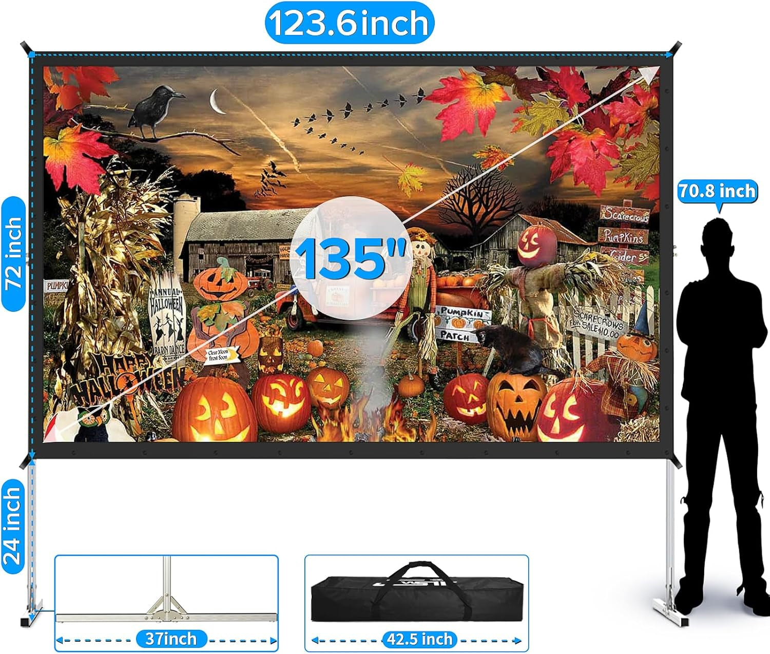 Projector Screen and Stand, 135 Inch Outdoor Movie Screen-Upgraded 3 Layers PVC 16:9 Outdoor Projector Screen,Portable Video Projection Screen with Carrying Bag for Home Theater Backyard