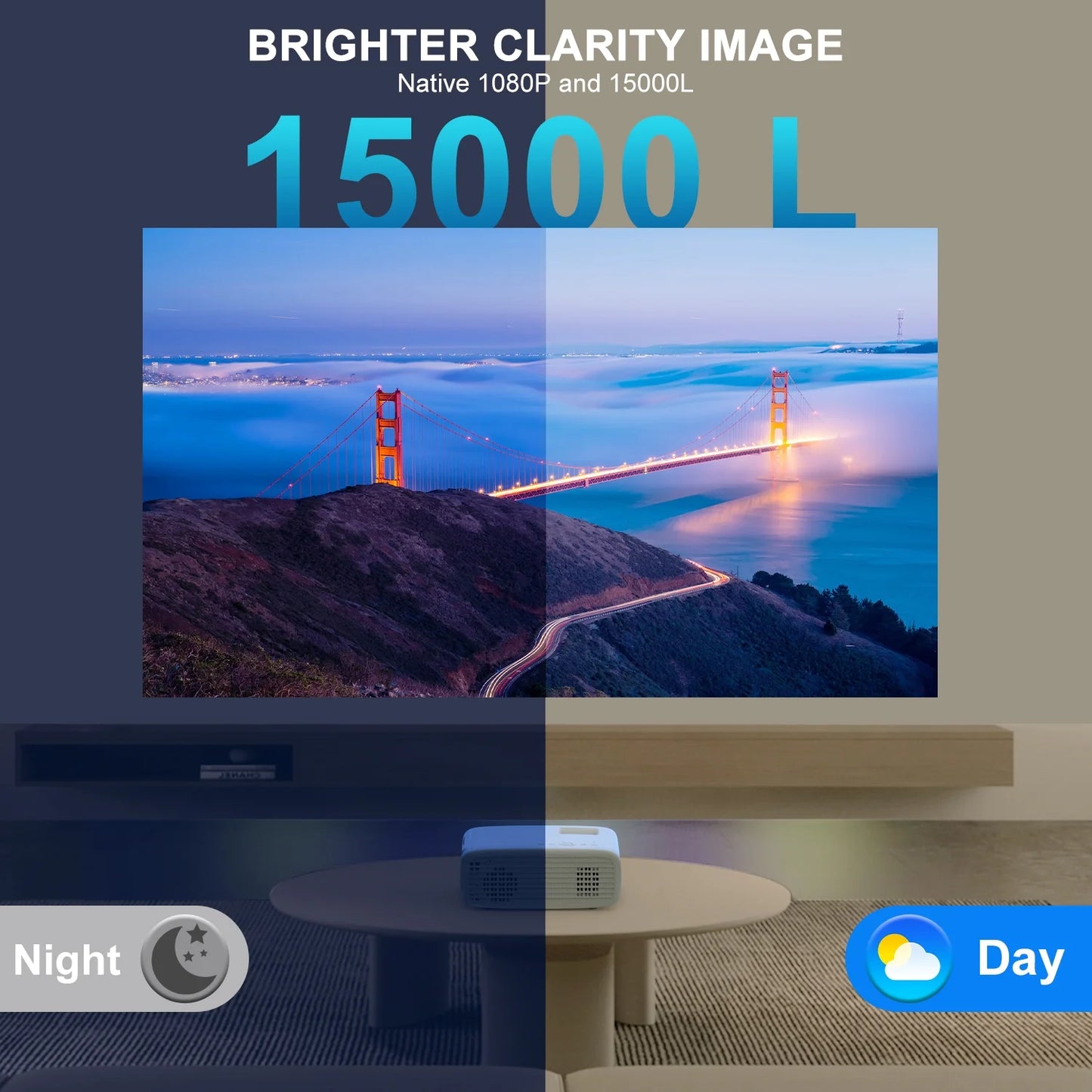 [Electric Keystone]  4K Projector with Wifi and Bluetooth, Native 1080P Movie Projector with 50% Zoom, 15000L Mini Projector Compatible with HDMI, USB, Phone