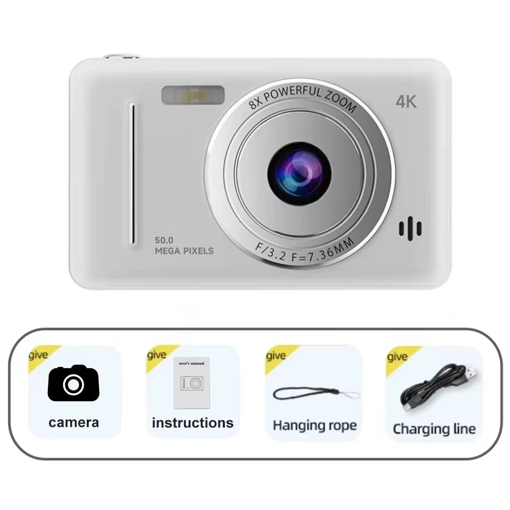 4K Digital Camera 50MP HD Retro Pocket Cameras Photography Travel Selfie Entry-Level Small Camera with 8X Zoom Compact Camcorder
