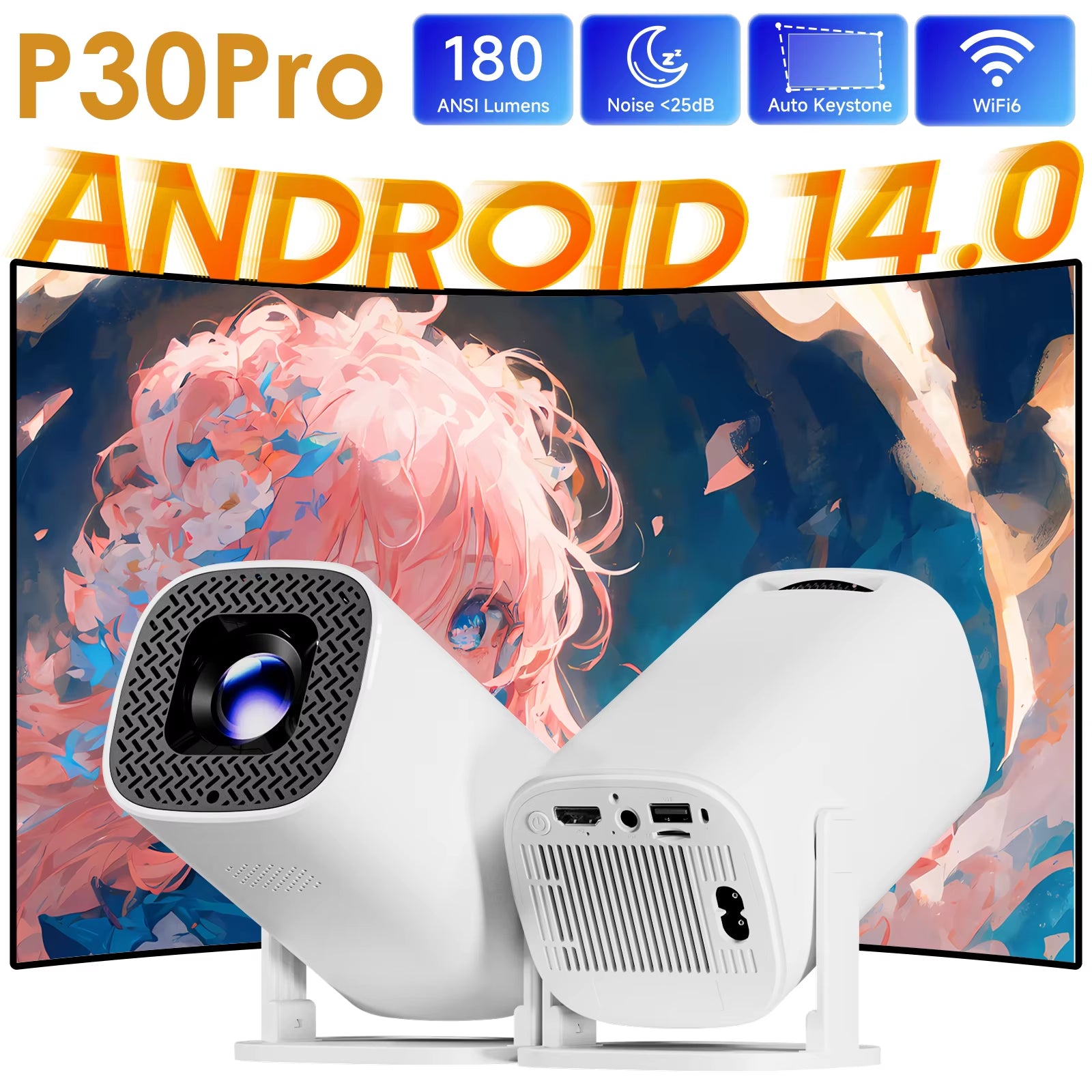 Android 14 P30PRO Supports 720P Screen Mirroring Smart Projector 4K Wifi6 Smart Home Theater Outdoor Portable Projector