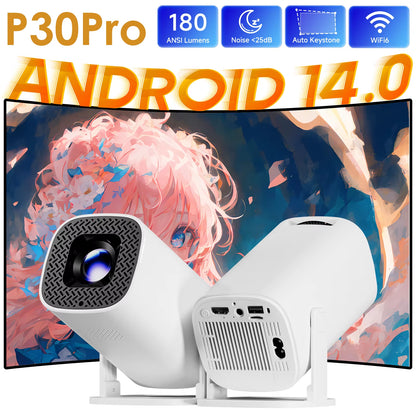 Android 14 P30PRO Supports 720P Screen Mirroring Smart Projector 4K Wifi6 Smart Home Theater Outdoor Portable Projector